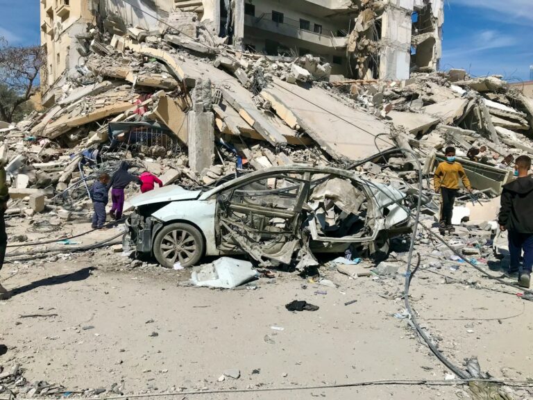 a car that has crashed into a building