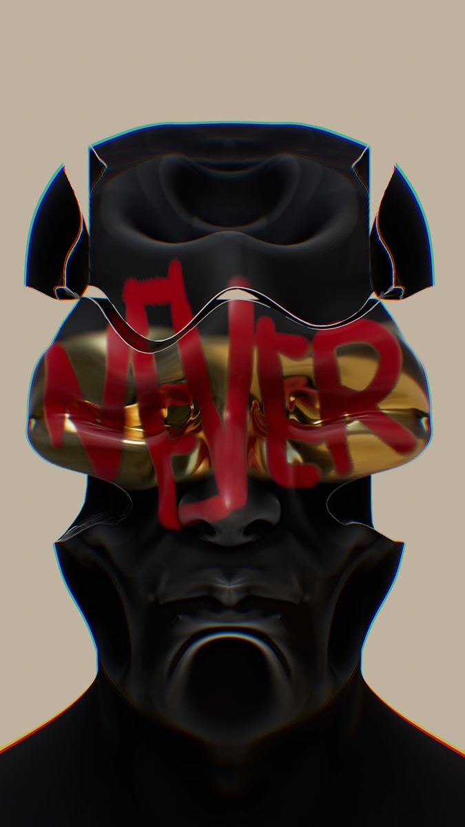 a man wearing a black mask with red letters on it