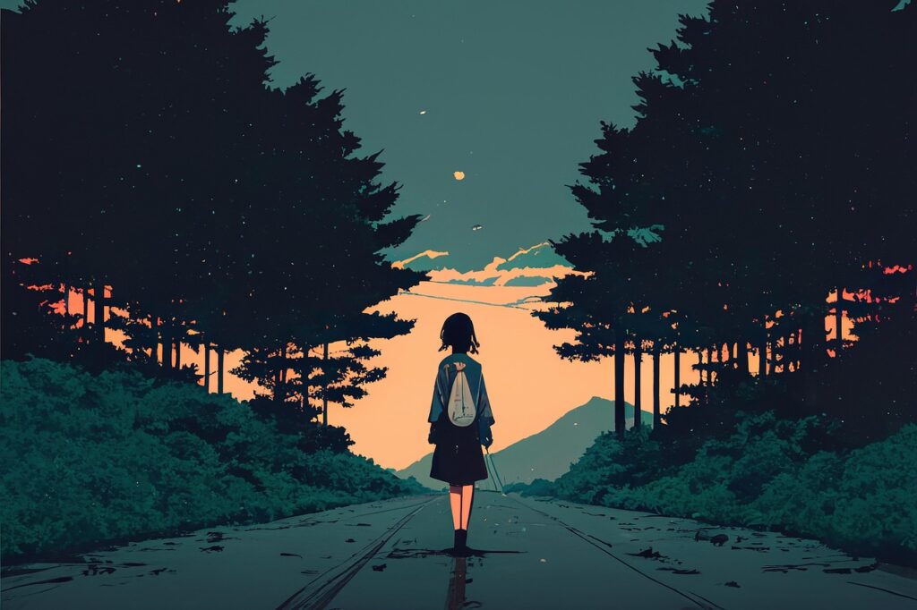 backpacker, road, walk, anime, wallpaper, minimal, people, background, landscape, travel, anime, anime, anime, anime, anime