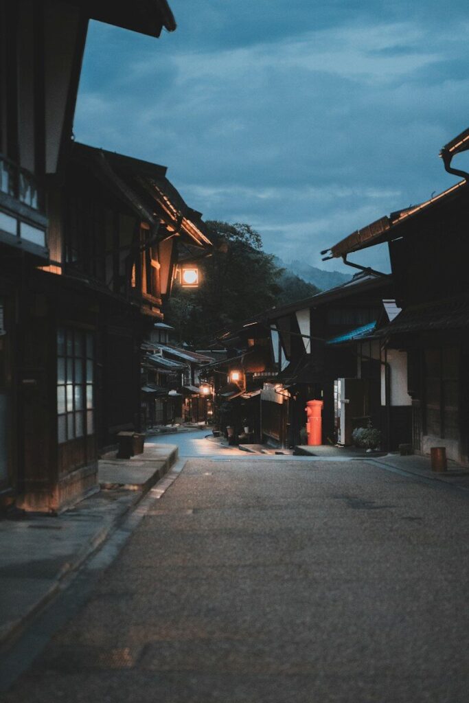 An empty street at night in a small town
