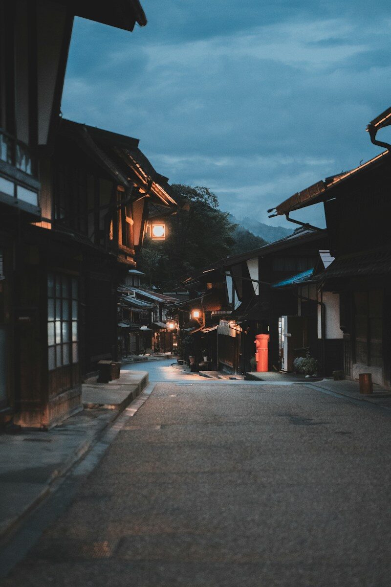 An empty street at night in a small town